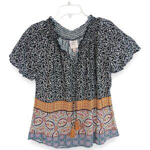 Knox Rose Women's Boho Top with Tassels-Short Sleeve-SMALL-Black-White-Gold-Blue